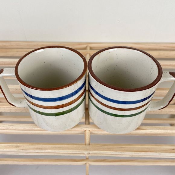 Vintage Set of 2 Chi Kiang Otagiri Striped Stoneware Pottery Coffee Mugs 8 oz - Picture 2 of 6